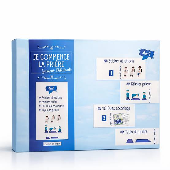 Je commence la prière – Coffret éducatif garçon débutant 4 en 1 avec tapis de prière et stickers Al Fil Maktaba