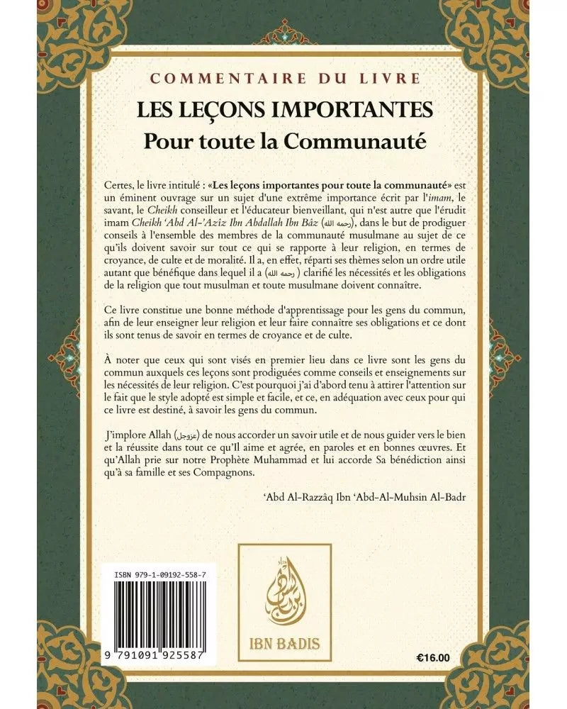 Les Leçons importantes - Ibn Bâz - Commentaire d'Abd Ar-Razzaq Al-Badr - Ibn Badis
