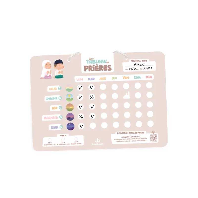 Mon tableau de prières beige - pour un suivi hebdomadaire de mes 5 prières - Deenilearn