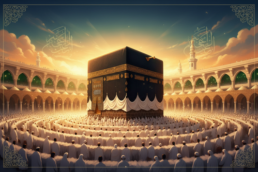 la Kaaba à La Mecque à l'heure dorée, avec des milliers de pèlerins en ihram blanc accomplissant le tawaf