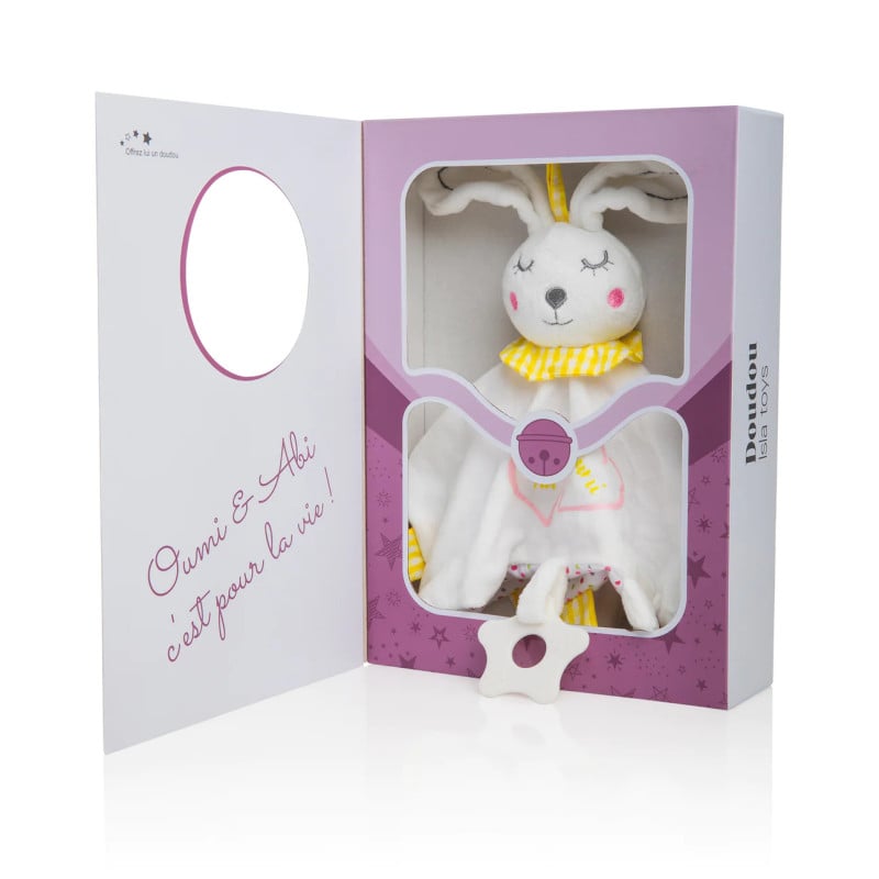 Doudou lapin Islatoys avec anneau de dentition pour bébé fille Al Fil Maktaba